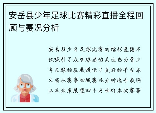 安岳县少年足球比赛精彩直播全程回顾与赛况分析